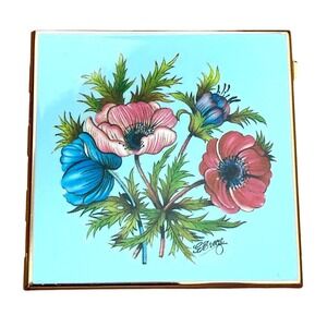 Vintage Stratton Mini-Mirror Compact G Bree Signed Floral Enamel W Org Box Pouch